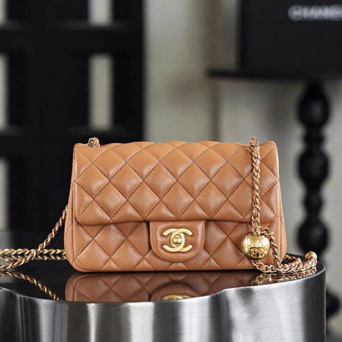 Pre-Owned CHANEL Mini Classic Handbag Caramel Lambskin Gold-Tone Metal - 95% New2JPG