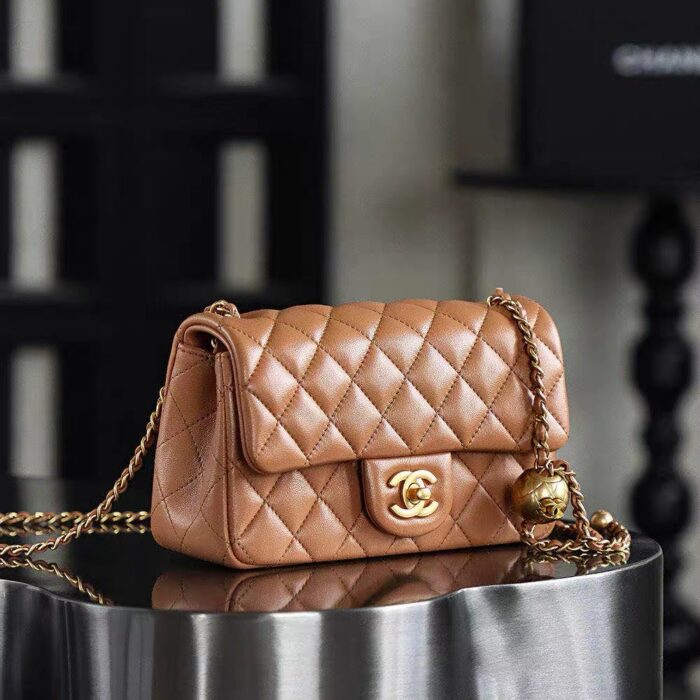 Pre-Owned CHANEL Mini Classic Handbag Caramel Lambskin Gold-Tone Metal - 95% New3